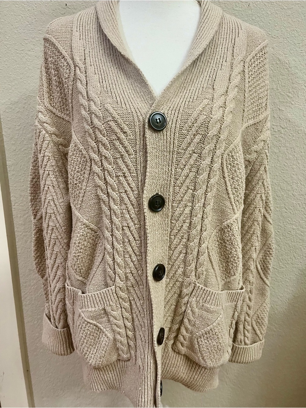 Chunky Cable-Knit Shawl Collar Cardigan Sweater - Beige